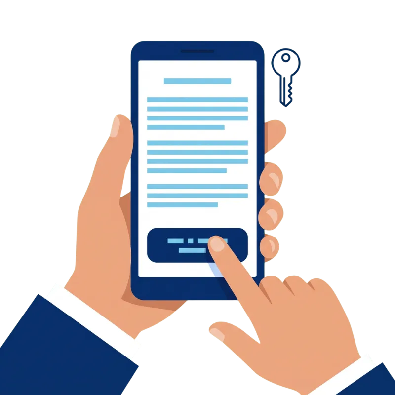 スマートフォンの画面で、契約書に指で同意している手元のイラスト